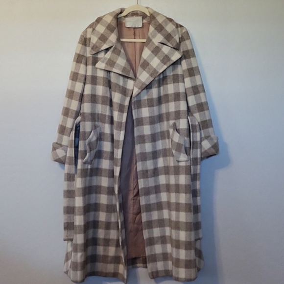 Vintage Diamond's Long Wool-Blend Oatmeal Plaid Open Front Belted Size: M - Picture 6 of 11